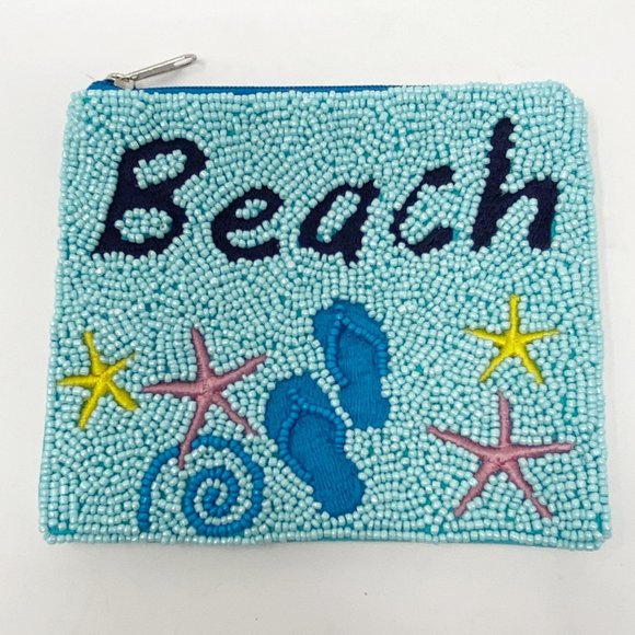 Handbags - BEACH Embroidered Starfish Sandals on Turquoise Beaded Coin Purse